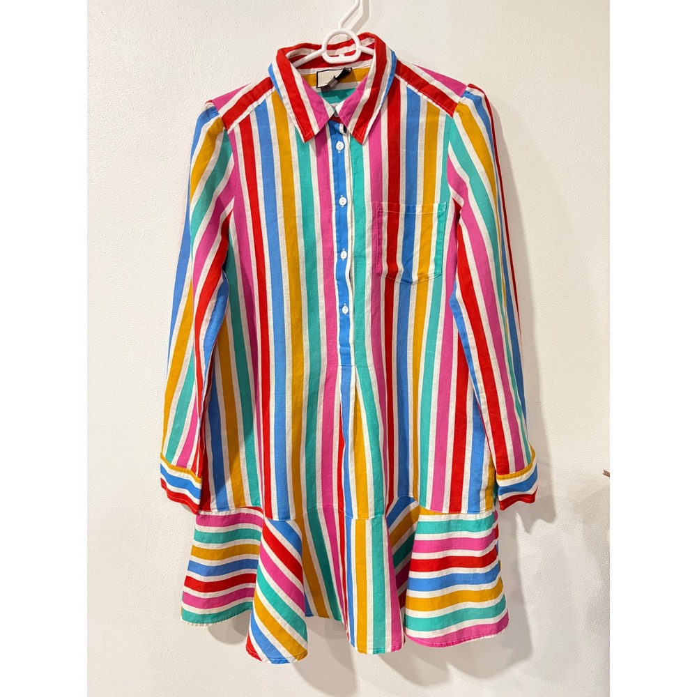 Tuckernuck Multi Color Stripe Ruffle Hem Mini Shirtdress Linen Blend Small - Picture 3 of 10